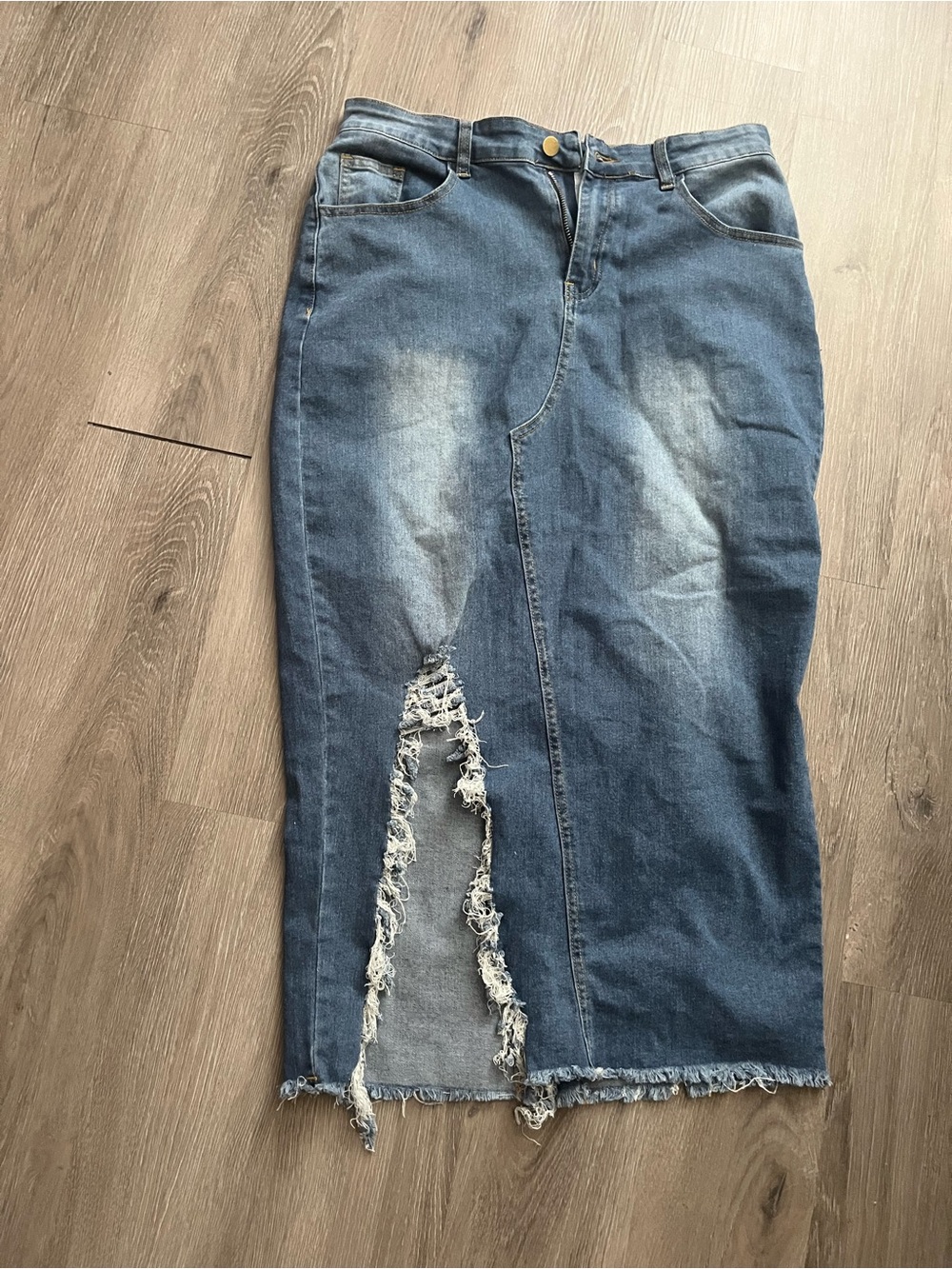 Blue Denim Skirt with Frayed Front Slit Size XL